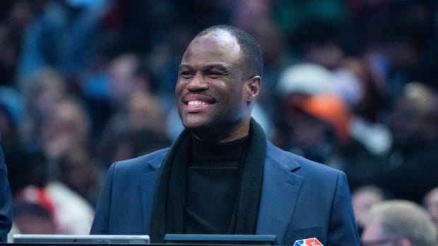 February 19, 2022; Cleveland, OH, USA; NBA great David Robinson during the Slam Dunk Contest during the 2022 NBA All-Star Saturday Night at Rocket Mortgage Field House.
